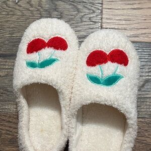 Fluffy Cream Slippers with Red Floral Design